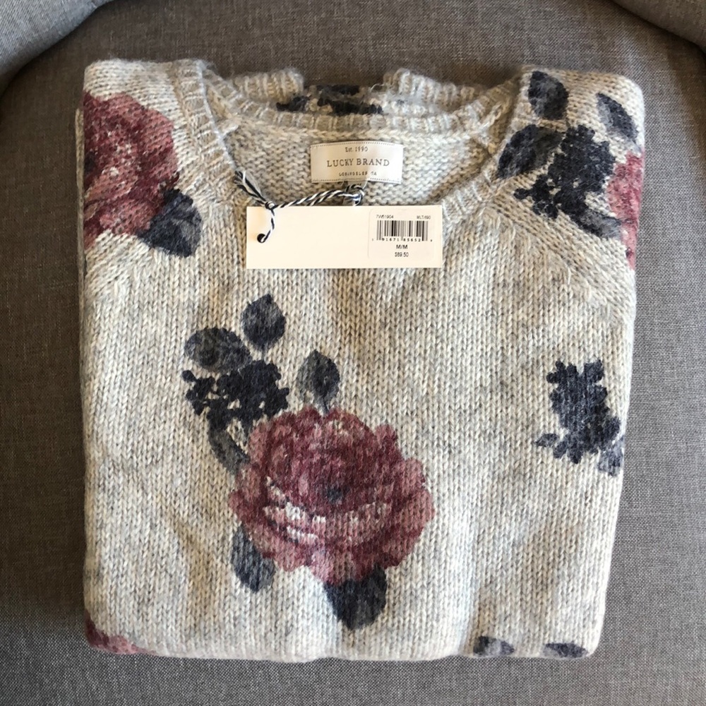 NWT Lucky Brand Knitted Floral Bell Sleeve Sweater